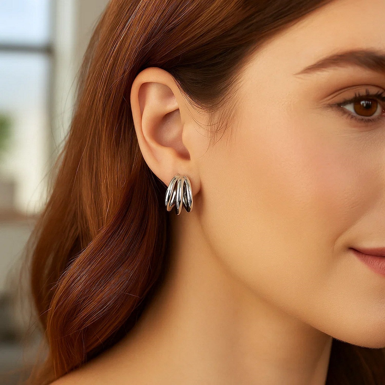 Sterling Silver Triple Row Strand Hoop Earrings