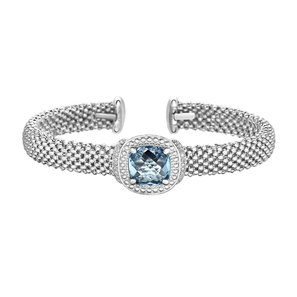 Popcorn Texture Cuff Bangle with Blue Topaz and Diamonds in Sterling Silver